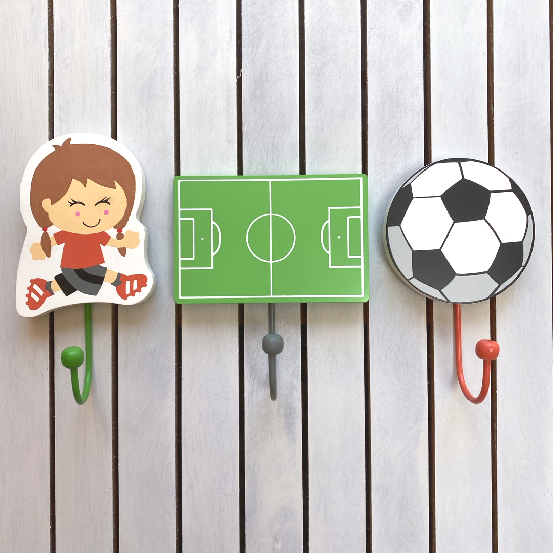 Kids Set of 3 Wooden Girls Football Coat Hooks