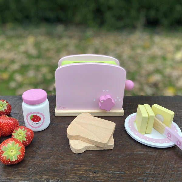 Wooden Play Food Toy Pop-Up Pink Toaster Set