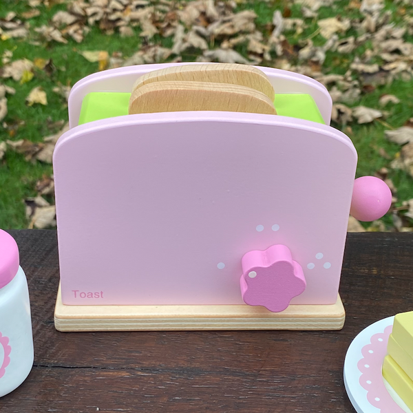 Wooden Play Food Toy Pop-Up Pink Toaster Set