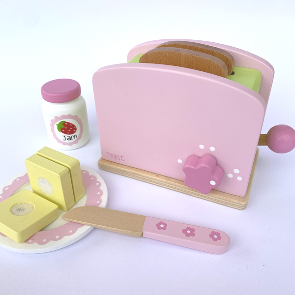 Wooden Play Food Toy Pop-Up Pink Toaster Set